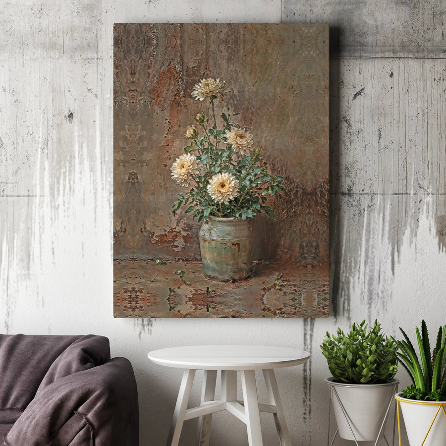 Vintage Floral Canvas Wall Art | White Chrysanthemum Painting in Rustic Pot | Premium Gallery Wrapped Print | Farmhouse Home Office Decor