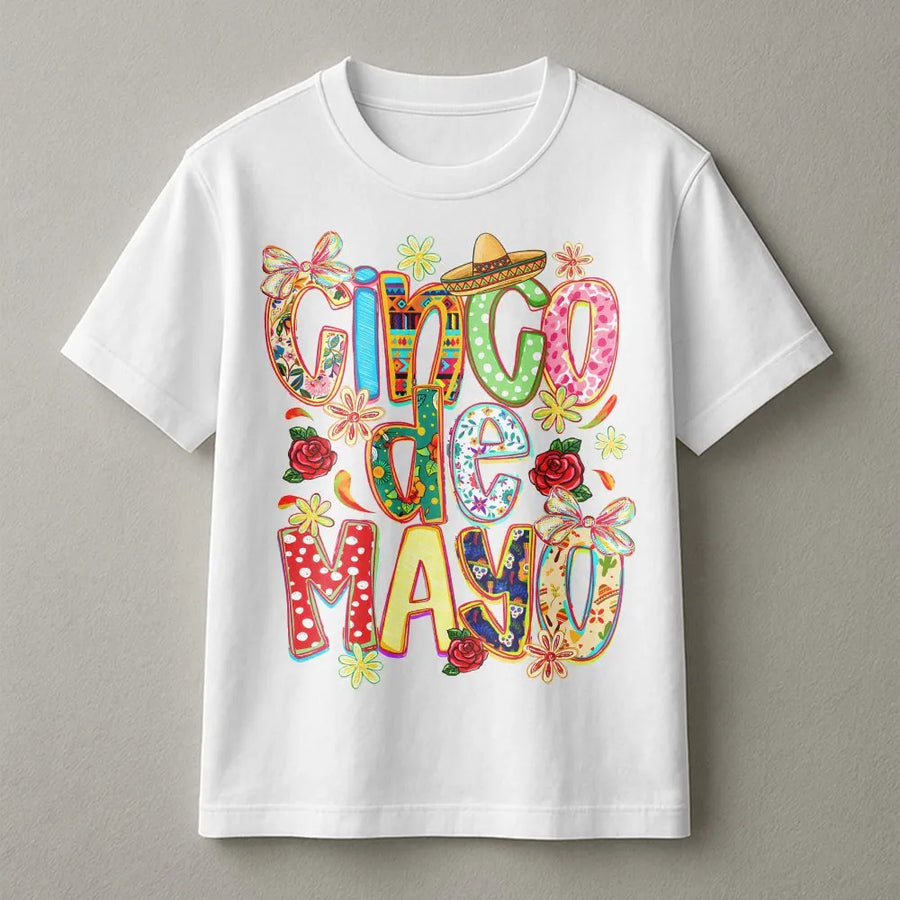 Cinco De Mayo T-Shirt | Colorful Coquette Bow Fiesta Graphic | Soft Cotton Blend | Women's Mexican Holiday Party Gift
