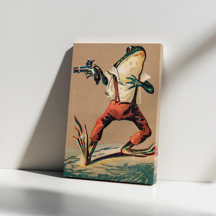 Frog With Gun Canvas Print | Vintage Anthropomorphic Pistol Art | Premium Gallery Wrapped Canvas | Unique Goblincore Home Decor Gift