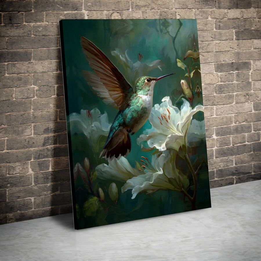 Hummingbird Canvas Wall Art | Moody Botanical Painting of Bird and Lilies | Premium Stretched Canvas | Living Room Decor Gift for Nature Lover