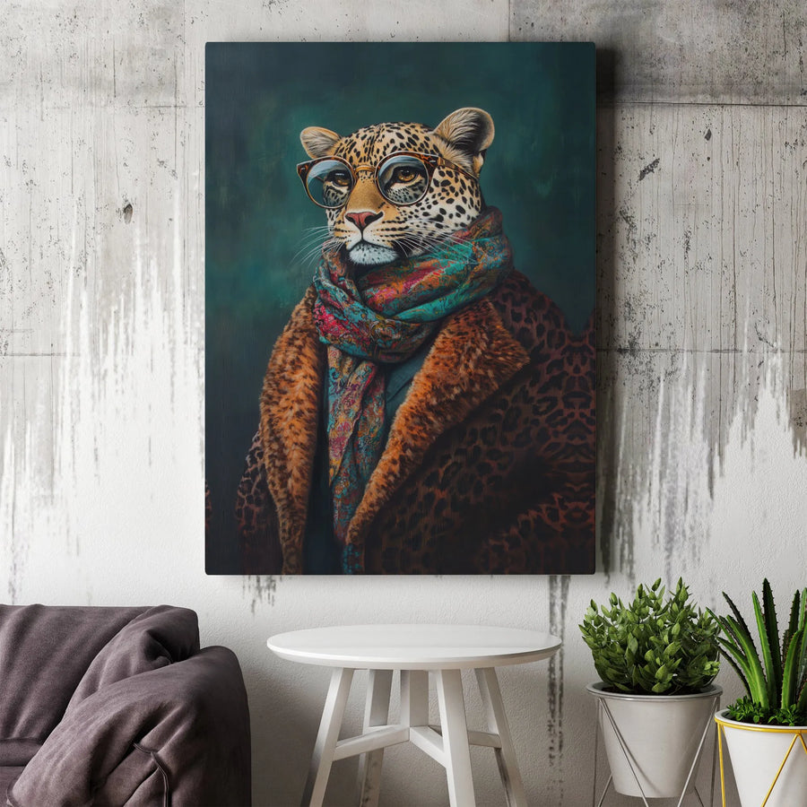 Dapper Leopard Canvas Art | Sophisticated Animal Portrait with Scarf | Premium Gallery Wrap Wall Decor | Whimsical Office or Living Room Gift