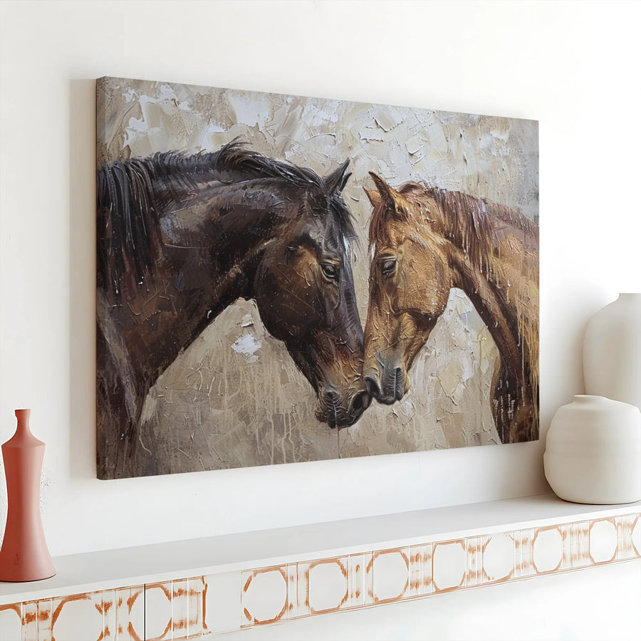 Two Horses Canvas Wall Art | Touching Noses Equestrian Oil Painting | Premium Gallery Wrapped Decor | Gift for Horse Lovers