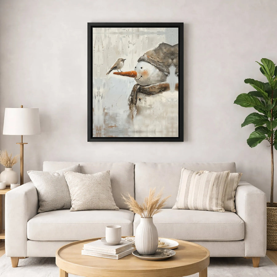 Snowman Canvas Wall Art | Whimsical Bird on Carrot Nose Print | Premium Fade-Resistant Gallery Wrap | Festive Winter Holiday Home Decor Gift