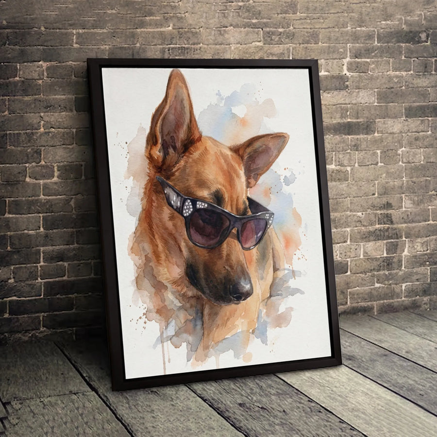 German Shepherd Wall Art | Watercolor Dog in Rhinestone Sunglasses | Premium Gallery-Wrap Canvas Print | Unique Dog Lover Gift