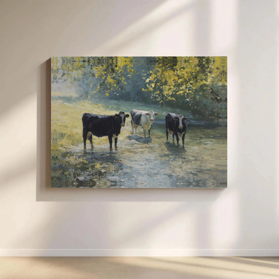 Cows in Stream Canvas Wall Art | Impressionist Farmhouse Landscape | Premium Gallery Wrapped Print | Rustic Country Home Decor Gift