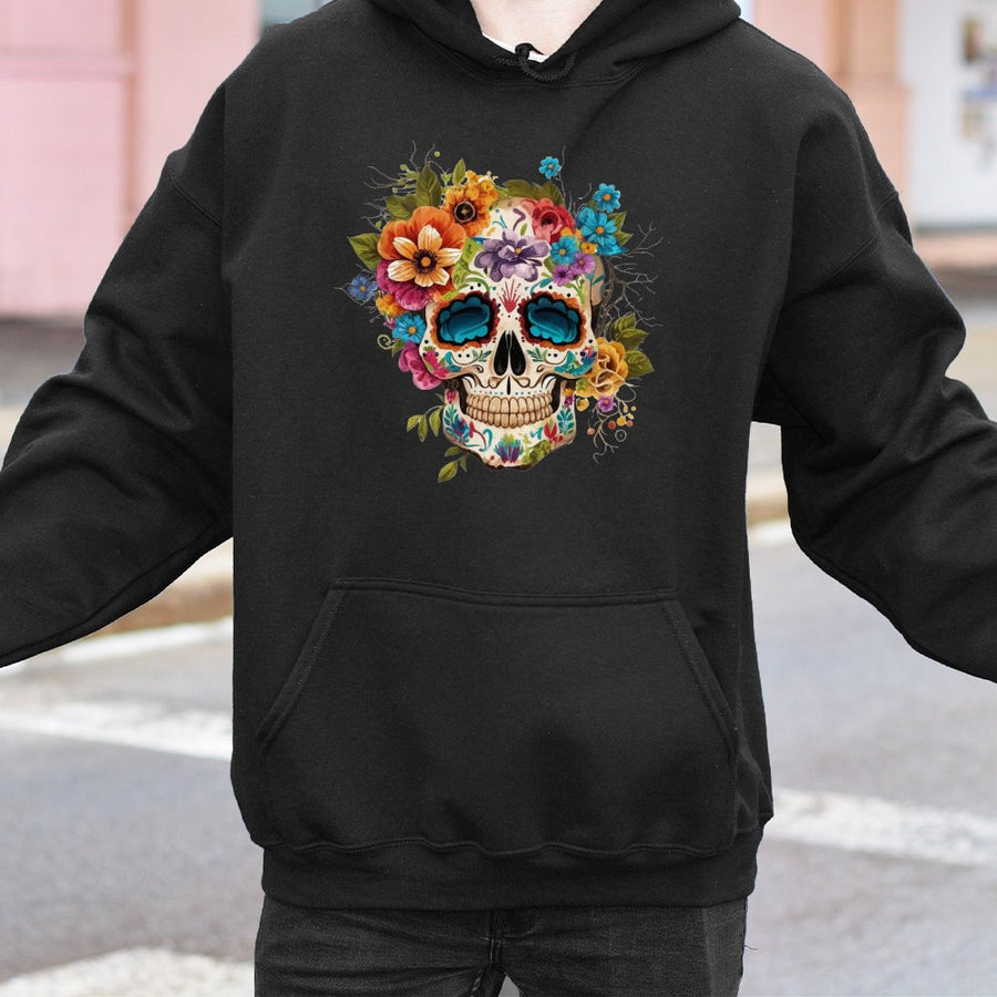 Sugar Skull Hoodie | Floral Dia De Los Muertos Graphic Print | Premium Cotton-Blend Pullover | Boho Day Of The Dead Gift For Men And Women