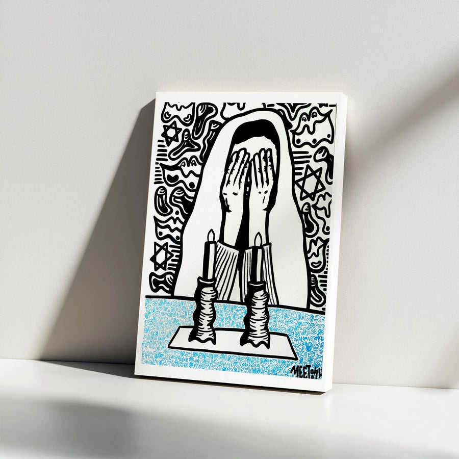 Shabbat Candles Canvas Art | Jewish Woman Lighting Ritual Candles Graffiti Style | Premium Gallery Wrap Wall Decor | Meaningful Judaica Home Gift