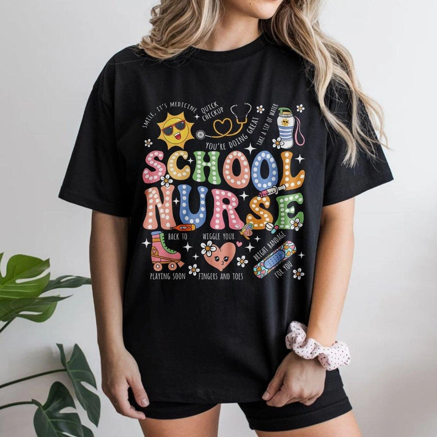 School Nurse T-Shirt | Retro Groovy Back To School Graphic | Premium Soft Cotton | Cute Medical Appreciation Gift For Registered Nurse