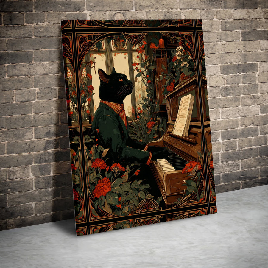 Art Nouveau Cat Canvas Wall Art | Pianist Cat in Floral Conservatory | Premium Canvas Print | Unique Gift for Cat Lovers & Musicians