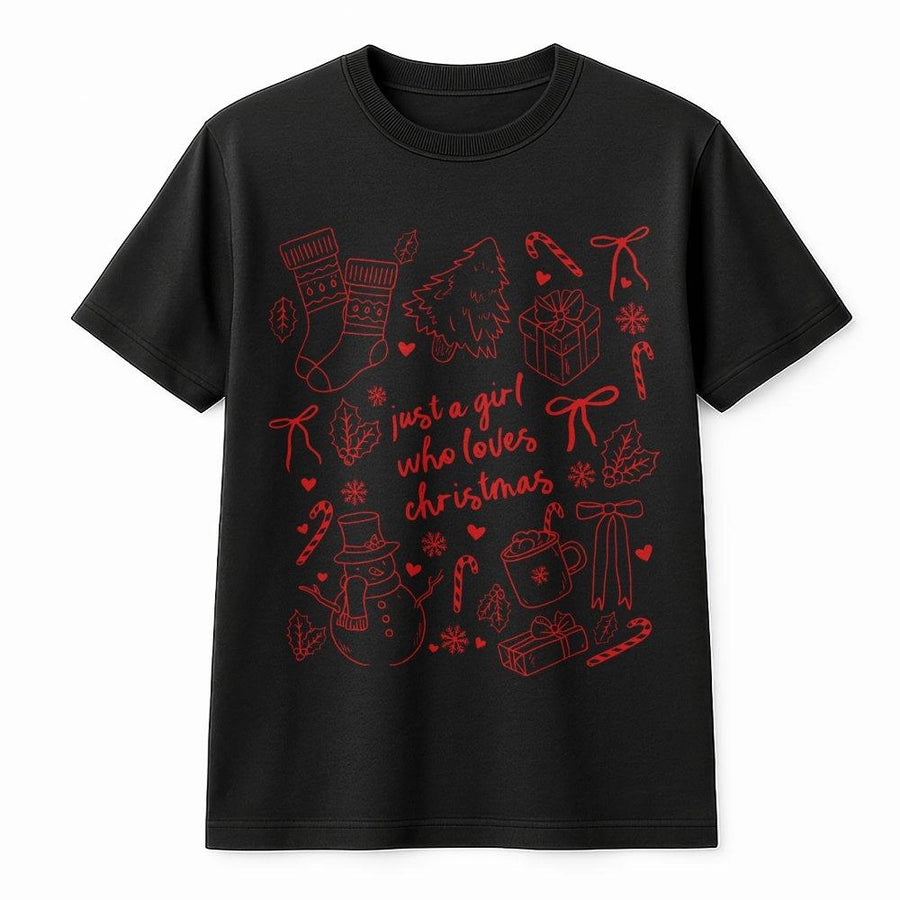 Just A Girl Who Loves Christmas T-Shirt | Coquette Aesthetic Holiday Graphic | Premium 100% Cotton Tee | Cute Gift For Her Winter Outfit