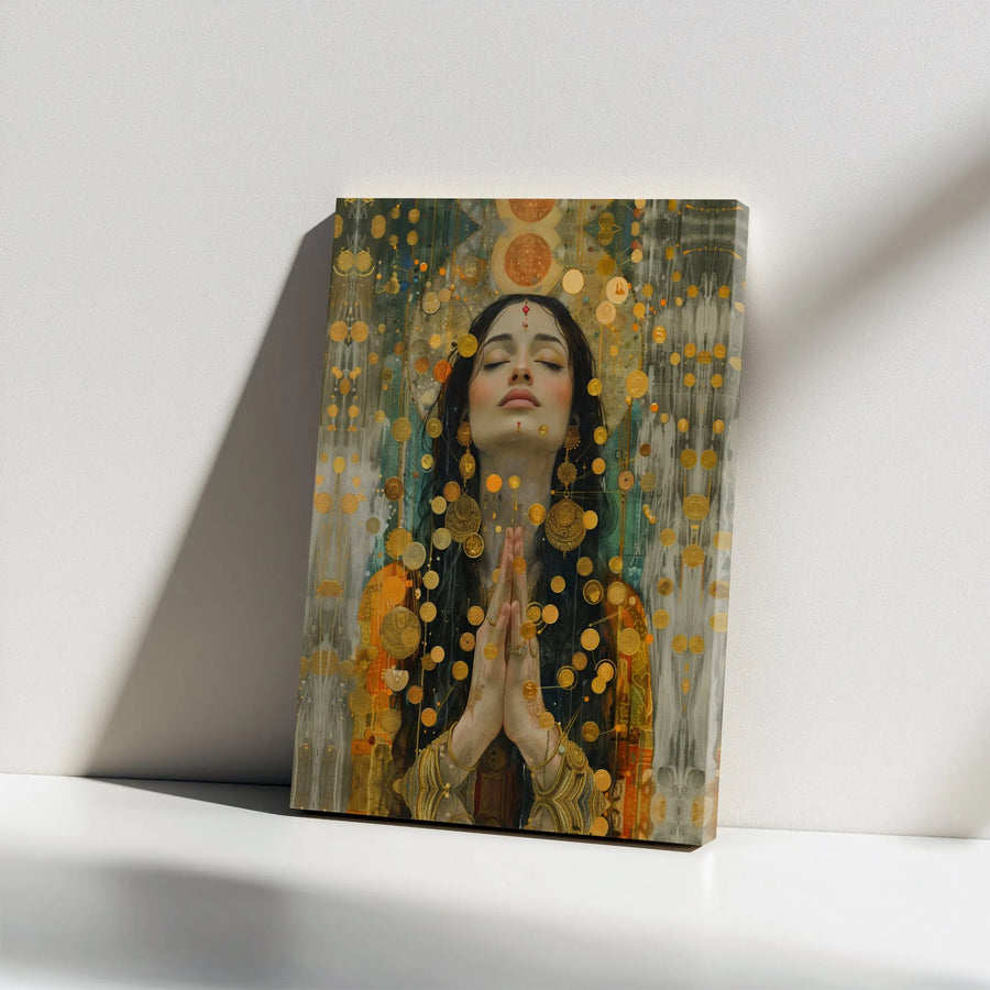 Spiritual Woman Prayer Canvas Print | Gold Coin Celestial Art | Gallery-Wrapped Premium Decor | Zen Meditation Wall Art Gift
