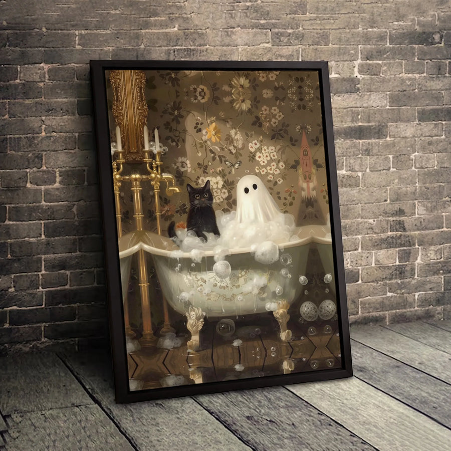 Ghost and Black Cat Wall Art | Whimsical Bubble Bath Vintage Bathroom Decor | Premium Gallery Wrap Canvas | Spooky Cute Halloween Home Gift