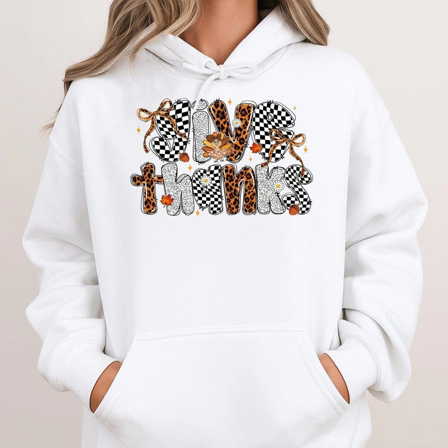 Give Thanks Thanksgiving Hoodie | Leopard Print Fall Graphic | Premium Cotton Blend | Unisex Autumn Gift For Her & Him
