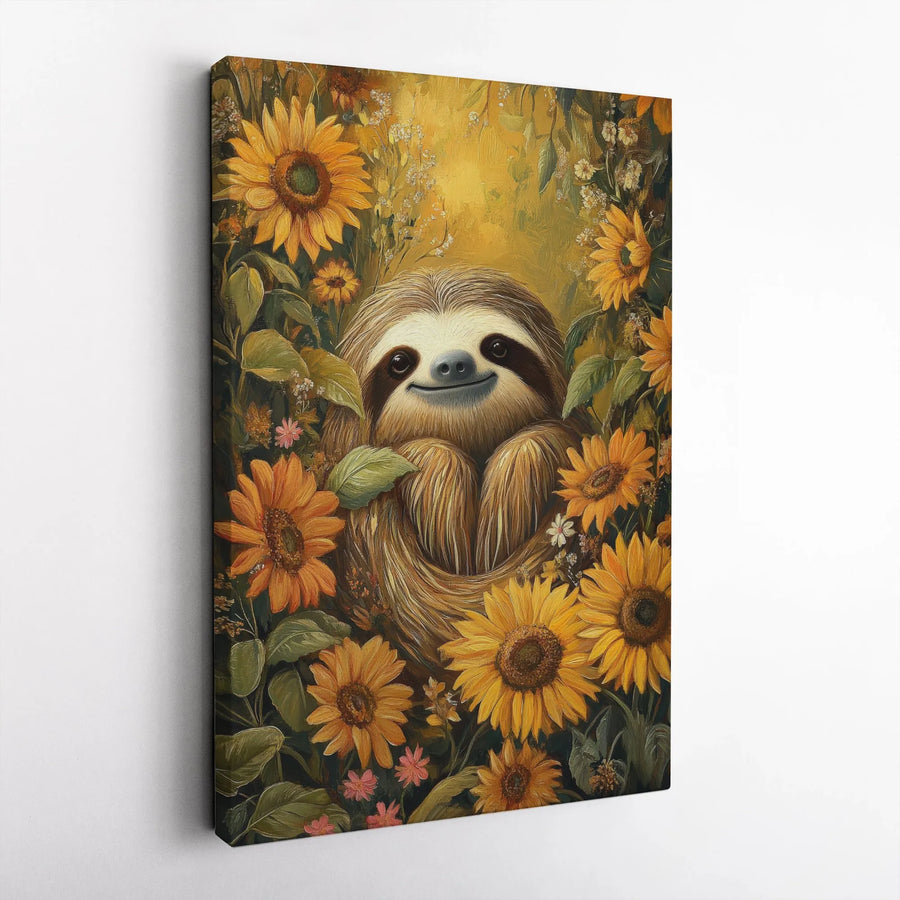 Smiling Sloth Sunflower Canvas Wall Art | Whimsical Animal Oil Painting Style | Premium Gallery Wrap Print | Nature-Inspired Home Decor Gift