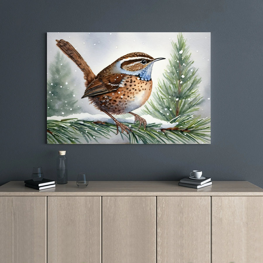 Winter Wren Canvas Wall Art | Watercolor Snowy Pine Branch Print | 1.25 Inch Gallery Wrap | Nature Home Decor Gift for Bird Lovers
