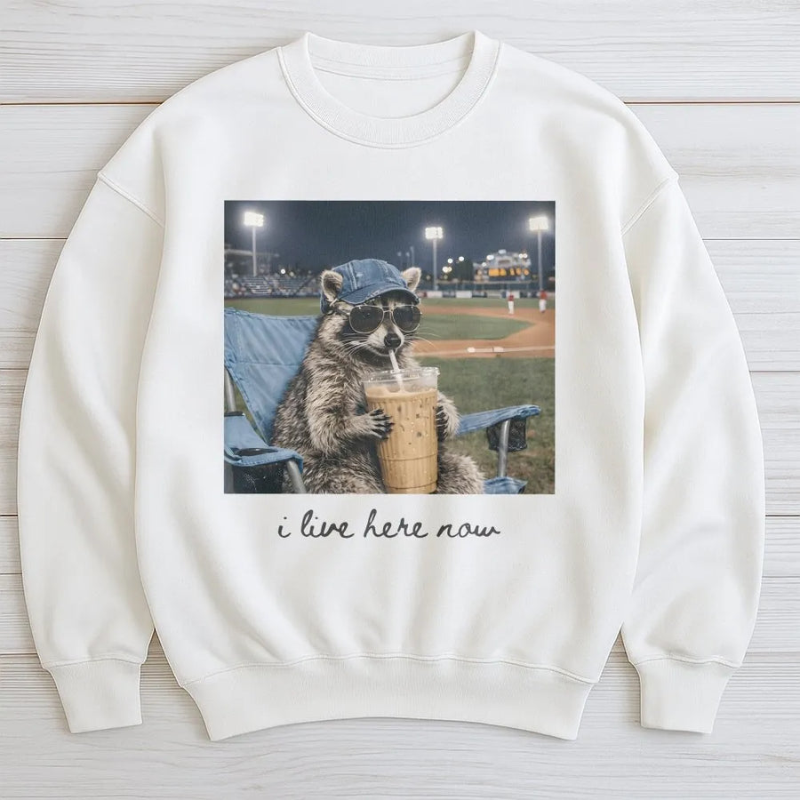 Raccoon Baseball Mom Sweatshirt | Funny I Live Here Now Graphic | Premium Cotton Blend | Gift For Softball Tournament Fans