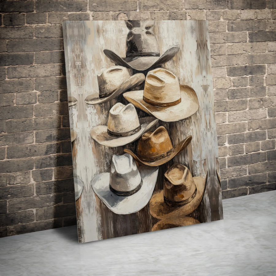 Western Cowboy Hat Wall Art | Rustic Farmhouse Oil Painting Style | Premium Gallery Wrap Canvas | Rustic Decor for Country Home Gift