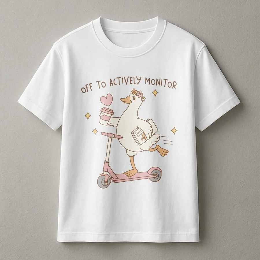 State Testing Teacher T-Shirt | Funny 'Off To Actively Monitor' Goose Design | Soft Cotton Tee | Gift for Teacher Crew & Test Proctor
