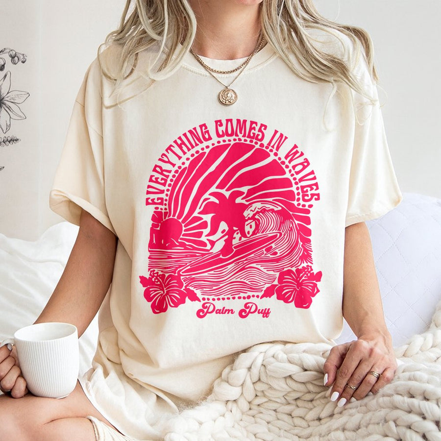 Surfer Beach T-Shirt | Everything Comes In Waves Graphic Tee | 100% Cotton Premium Quality | Preppy Aesthetic Gift for Women and Teen Girls
