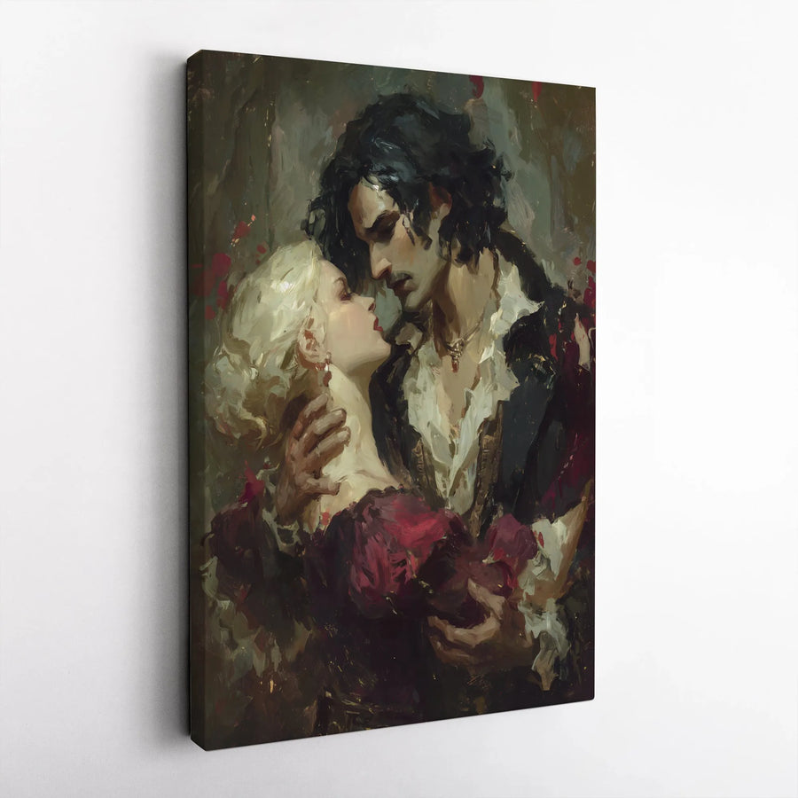 Gothic Romantic Couple Canvas Print | Passionate Embrace Oil Painting Style | Premium Gallery-Wrapped Wall Art | Moody Dark Academia Gift for Home Decor