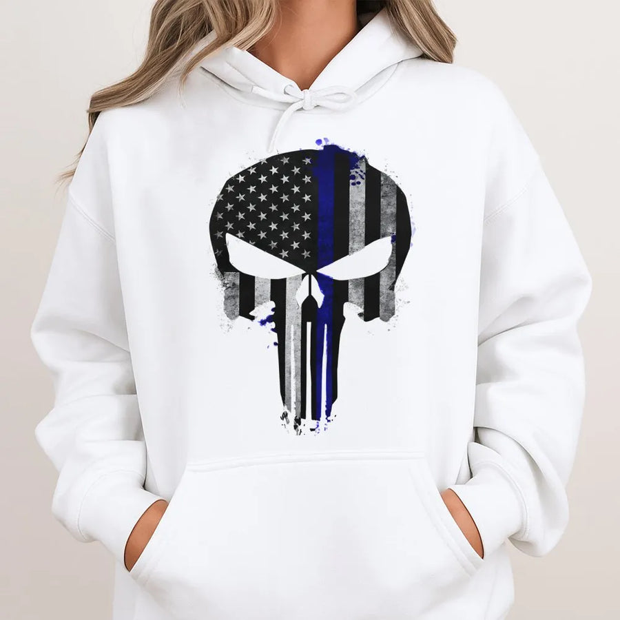 Thin Blue Line Flag Skull Hoodie | Patriotic Police Support Design | Premium Cotton Blend | Gift For Law Enforcement Officer