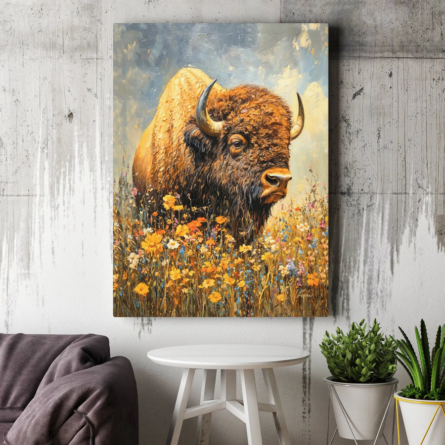 American Bison Canvas Wall Art | Impressionist Wildflower Meadow Print | Premium Gallery-Wrapped Portrait | Wildlife Farmhouse Home Decor Gift