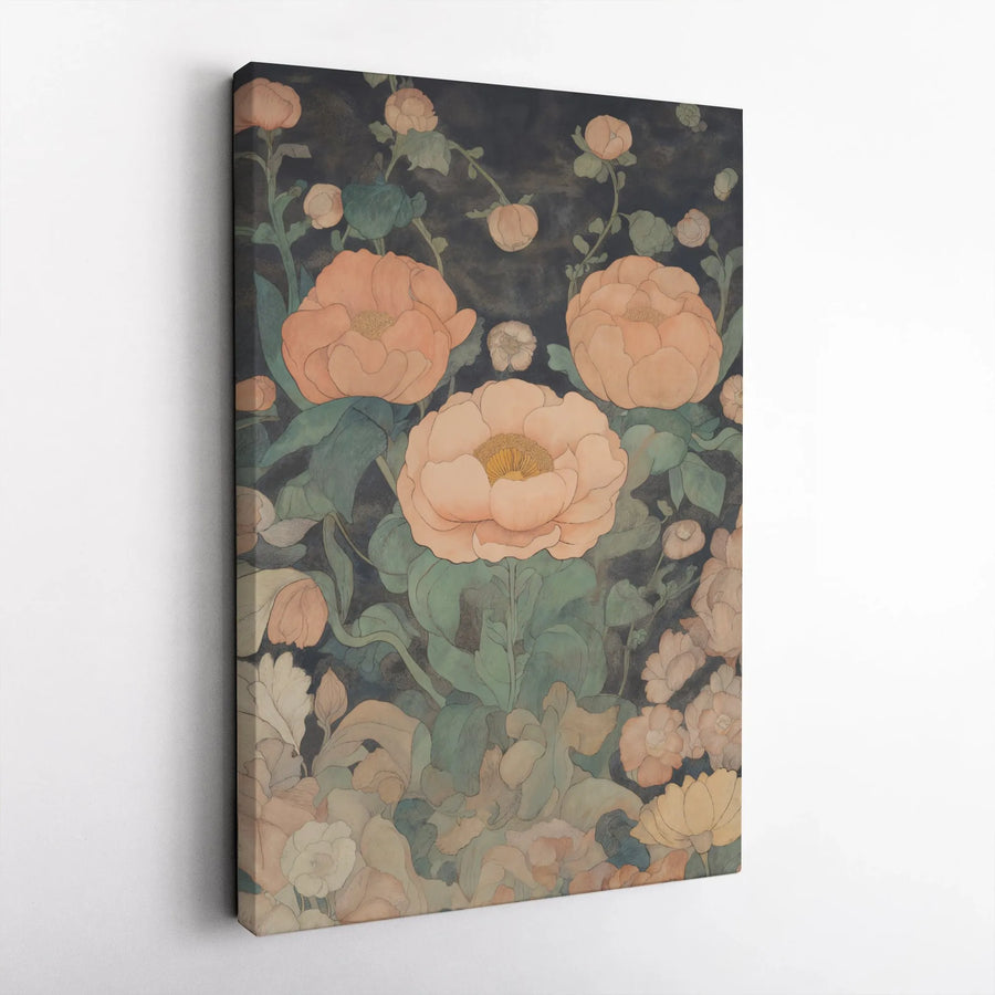 Vintage Floral Peony Canvas Wall Art | Muted Peach and Sage Botanical Print | Premium Gallery Wrap Decor | Nature-Inspired Home Gift