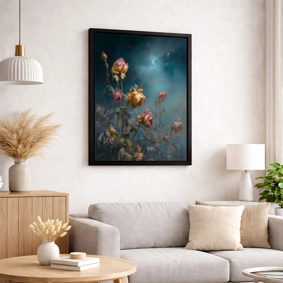 Moody Rose Canvas Art | Dark Floral Night Sky Painting | Premium Fade-Resistant Gallery Print | Atmospheric Wall Decor for Home Office