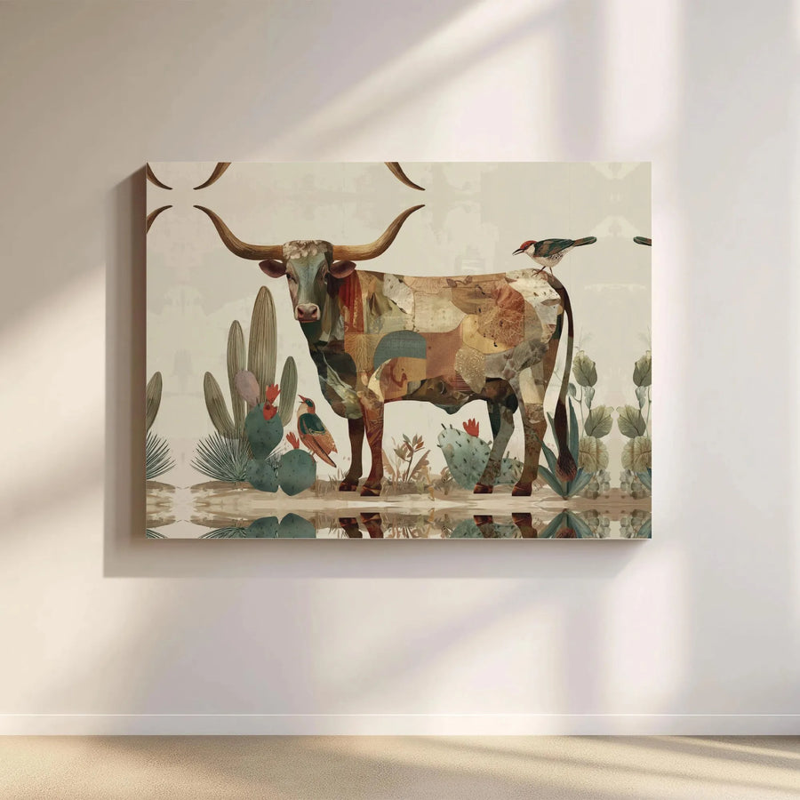 Texas Longhorn Canvas Wall Art | Southwestern Desert Collage Print | Premium Gallery Wrap Decor | Farmhouse Aesthetic Gift for Home