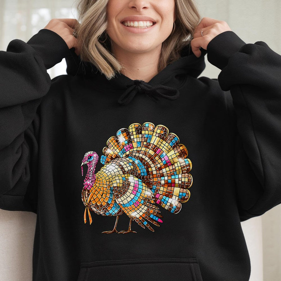 Thanksgiving Turkey Hoodie | Retro Disco Ball Mosaic Design | Premium Cotton-Poly Blend | Cute Fall Graphic Sweatshirt Gift for Her