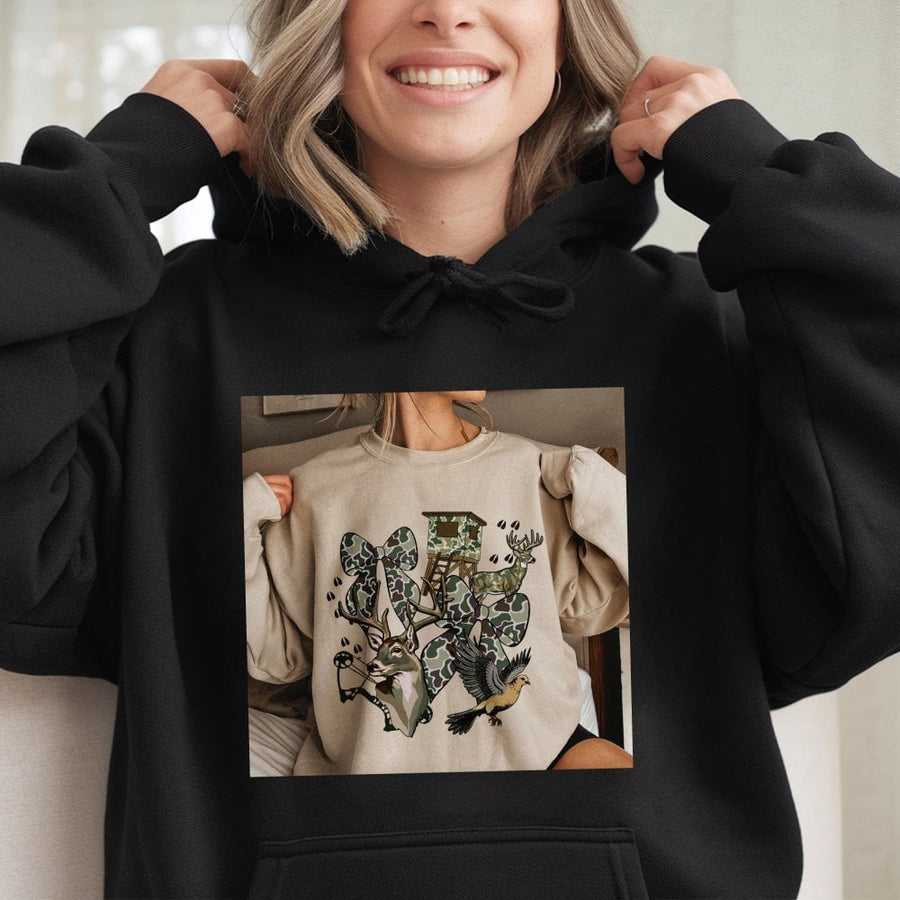 Hunting Season Hoodie | Coquette Camo Bow Deer Graphic | Premium Cotton Blend | Gift For Hunter Women and Girls