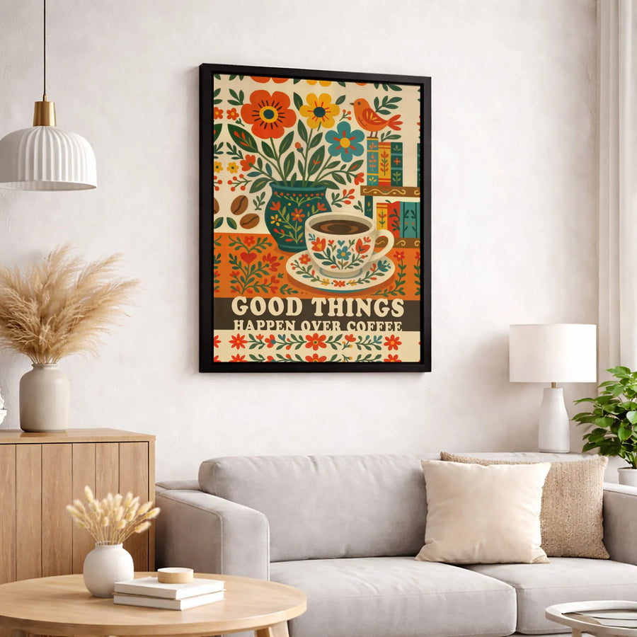 Good Things Happen Over Coffee Wall Art | Boho Folk Art Floral Print | Premium Gallery Wrap Canvas | Coffee Lover Kitchen Home Decor Gift
