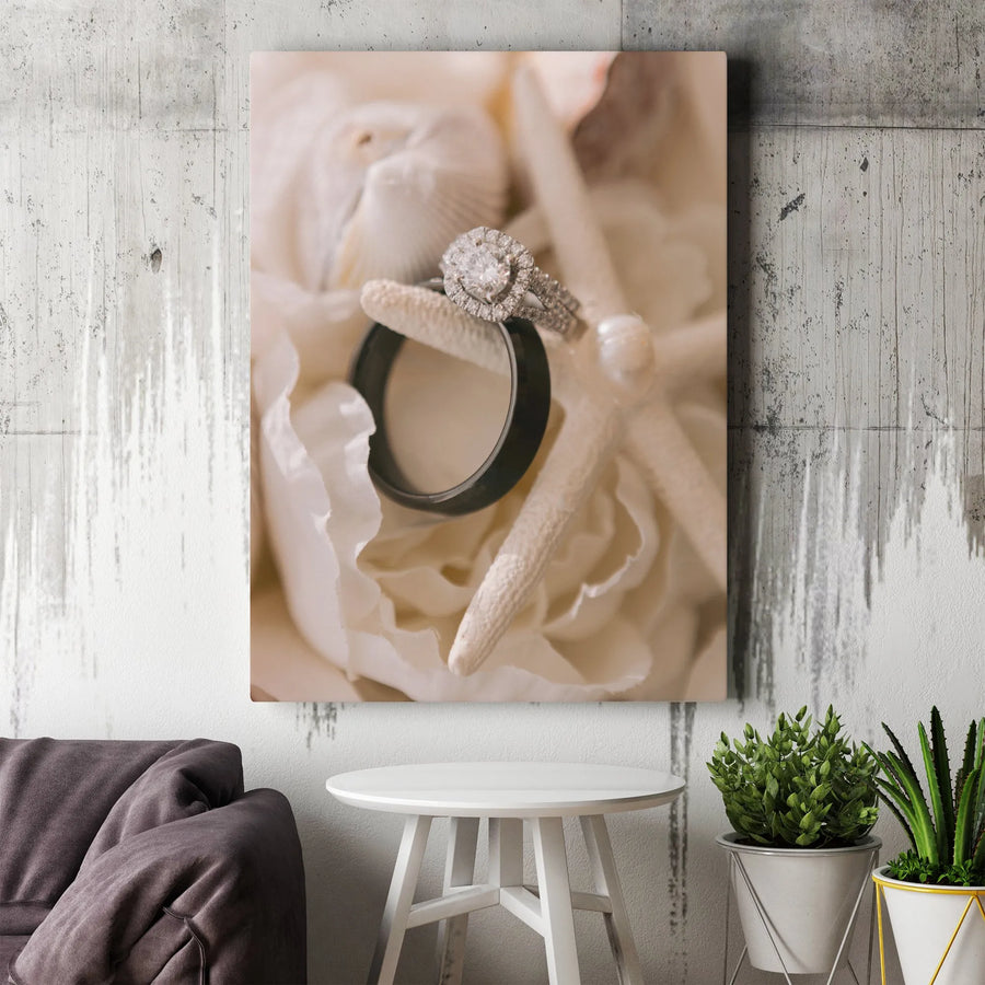 Wedding Rings Canvas Wall Art | Coastal Starfish & Diamond Ring Photo | Premium Gallery Wrapped Canvas | Anniversary Gift for Couple