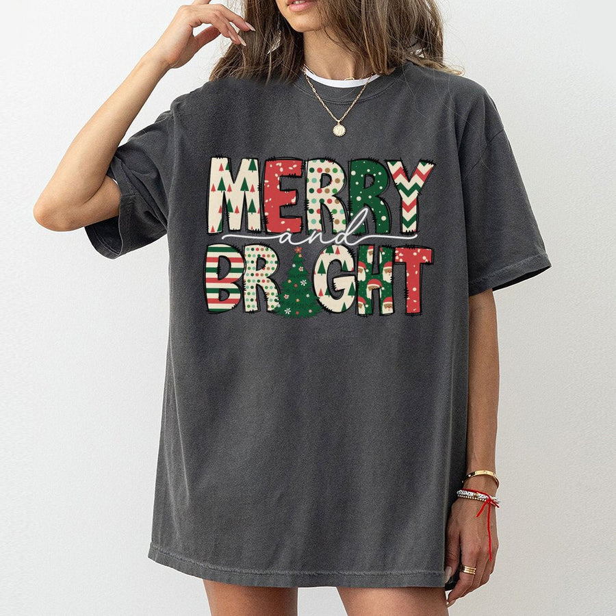 Merry and Bright T-Shirt | Festive Christmas Tree Typography Design | 100% Cotton Premium Tee | Holiday Gift for Family and Friends