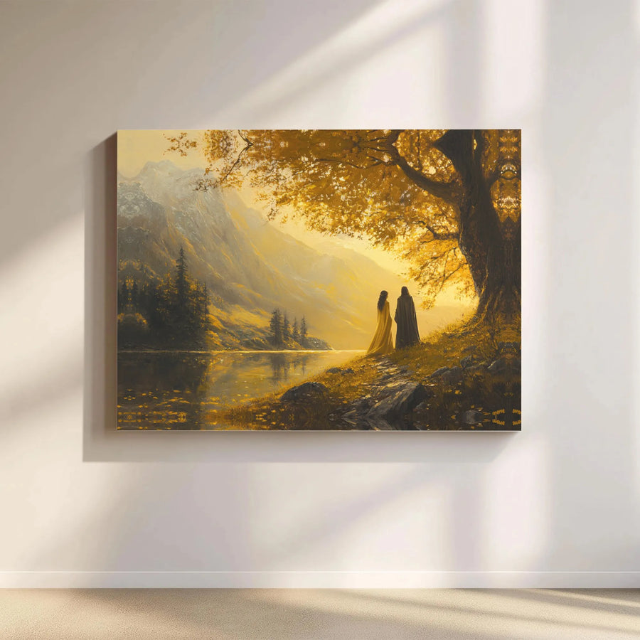 Fantasy Couple Landscape Canvas | Golden Hour Mountain Lake Wall Art | Premium Gallery Wrap Print | Romantic Home Decor Gift