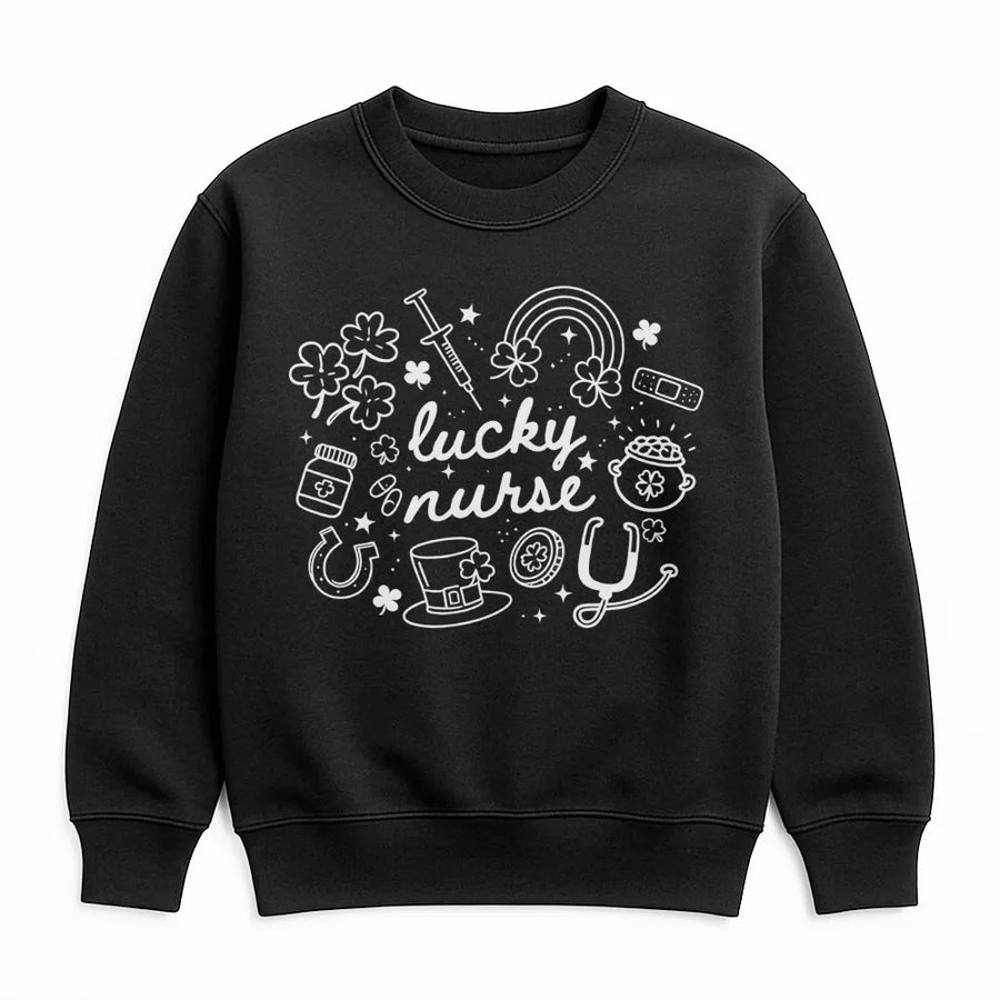 Lucky Nurse Sweatshirt | St Patricks Day Shamrock Doodle Design | Cotton Blend Crewneck | Irish Nursing School Gift For Women