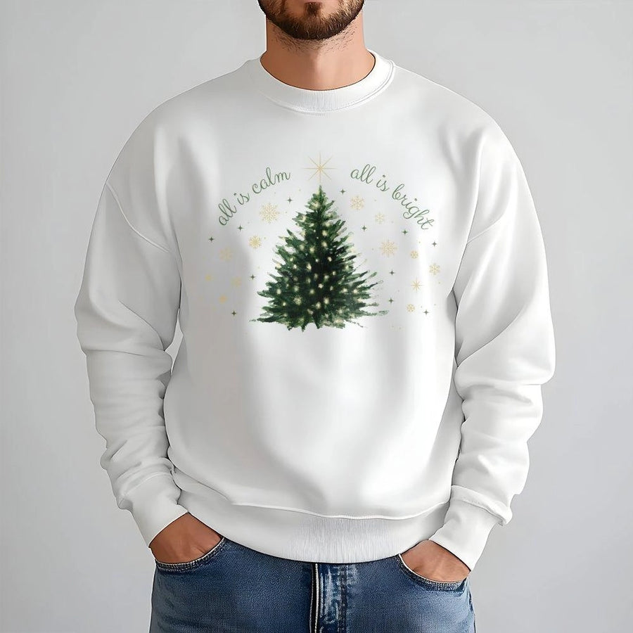 All Is Calm All Is Bright Christmas Sweatshirt | Watercolor Pine Tree Graphic | Premium Cotton Blend | Minimalist Holiday Gift for Women