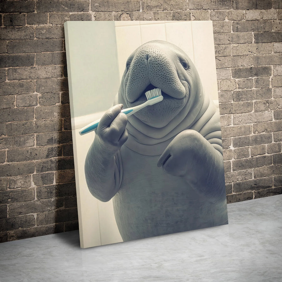 Funny Manatee Wall Art | Whimsical Bathroom Canvas Print | Premium 1.25" Gallery Wrap | Quirky Animal Decor Gift for Kids or Animal Lovers