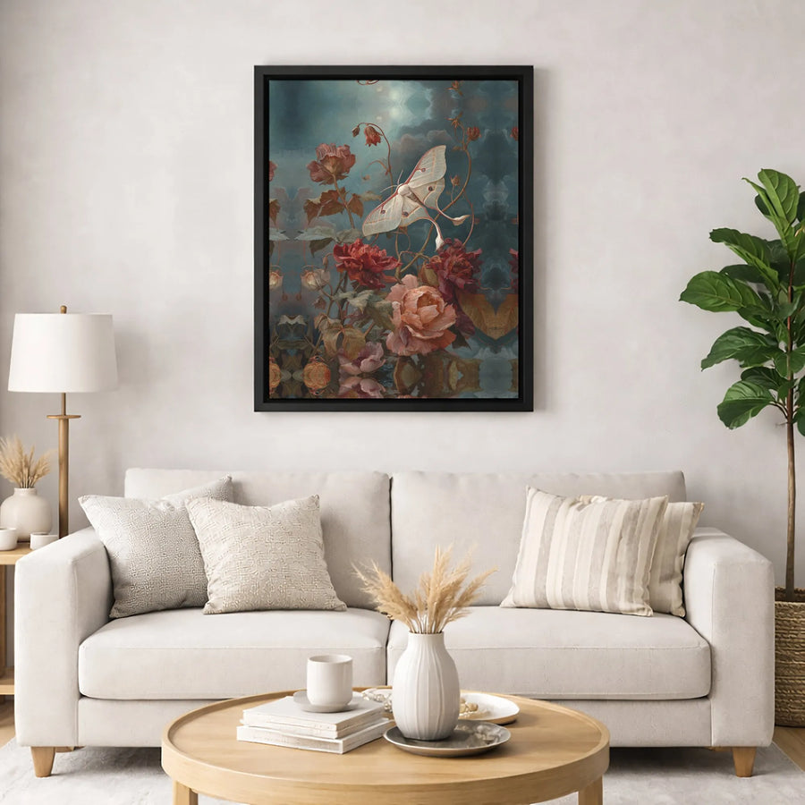 Luna Moth Wall Art | Vintage Dark Floral Botanical Oil Painting Print | Gallery-Quality 1.25" Canvas | Moody Nature Decor for Home or Office