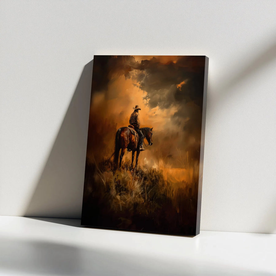 Western Cowboy Canvas Art | Sunset Lone Rider Horse Painting | Premium Gallery Wrapped Wall Decor | Rustic Farmhouse Home Office Gift