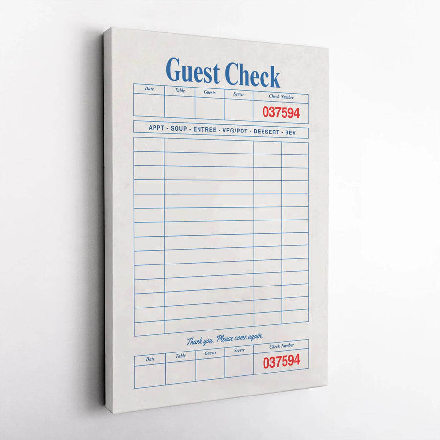 Guest Check Canvas Art | Retro Restaurant Bill Print | 1.25 Inch Premium Gallery Wrap | Kitchen Decor & Unique Gift For Foodies