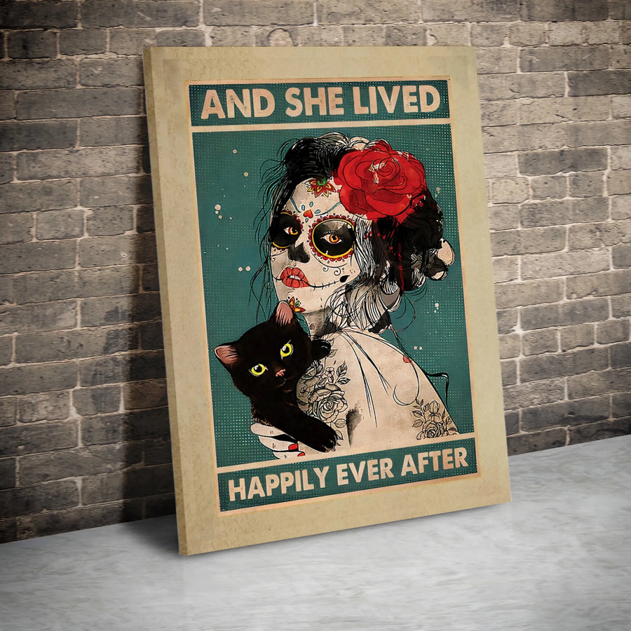 Sugar Skull Girl and Black Cat Canvas Wall Art | Gothic Floral Portrait | Premium 1.25" Gallery Wrap | Gift for Cat Lovers and Witchy Decor