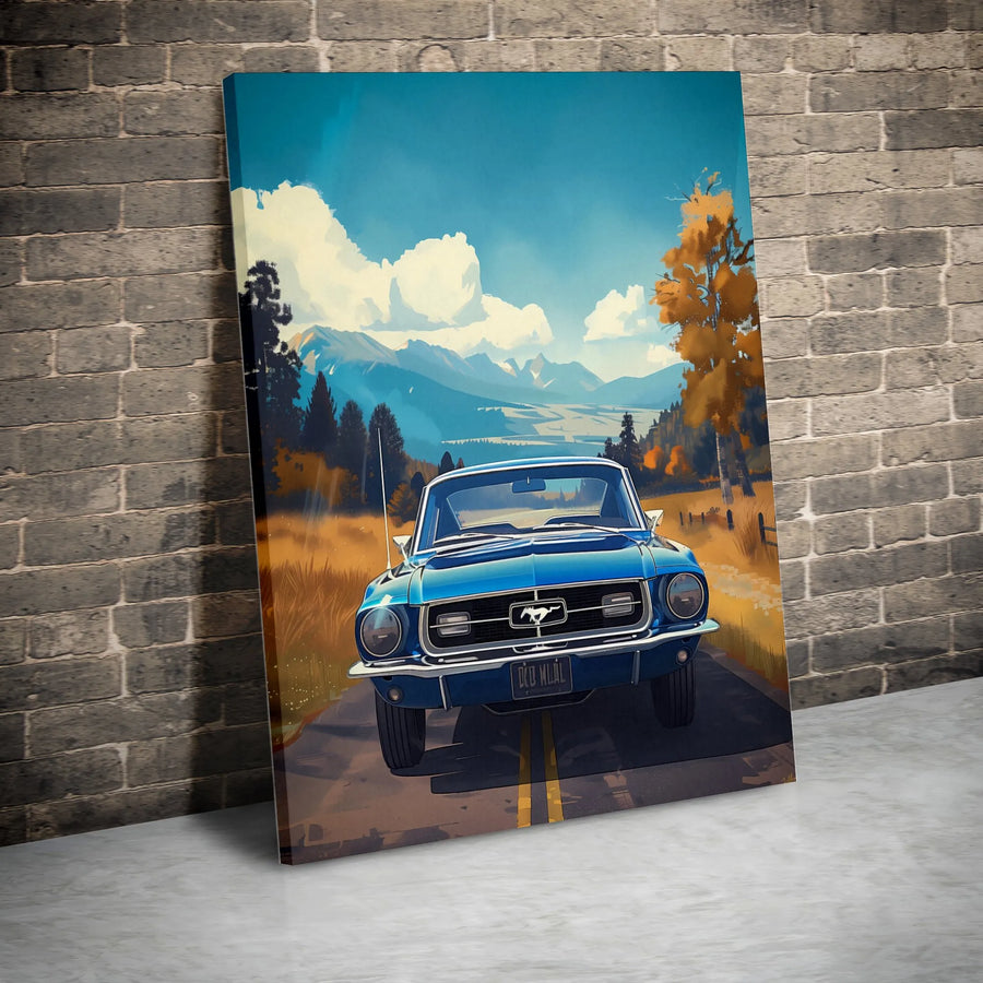 Vintage Muscle Car Canvas Art | Classic Blue Pony Car Landscape | Premium Gallery Wrapped Wall Decor | Gift for Car Enthusiasts