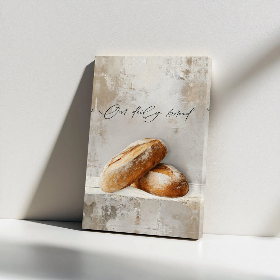 Our Daily Bread Canvas Print | Lords Prayer Scripture Wall Art with Rustic Bread | Gallery-Quality Canvas | Christian Farmhouse Kitchen Decor