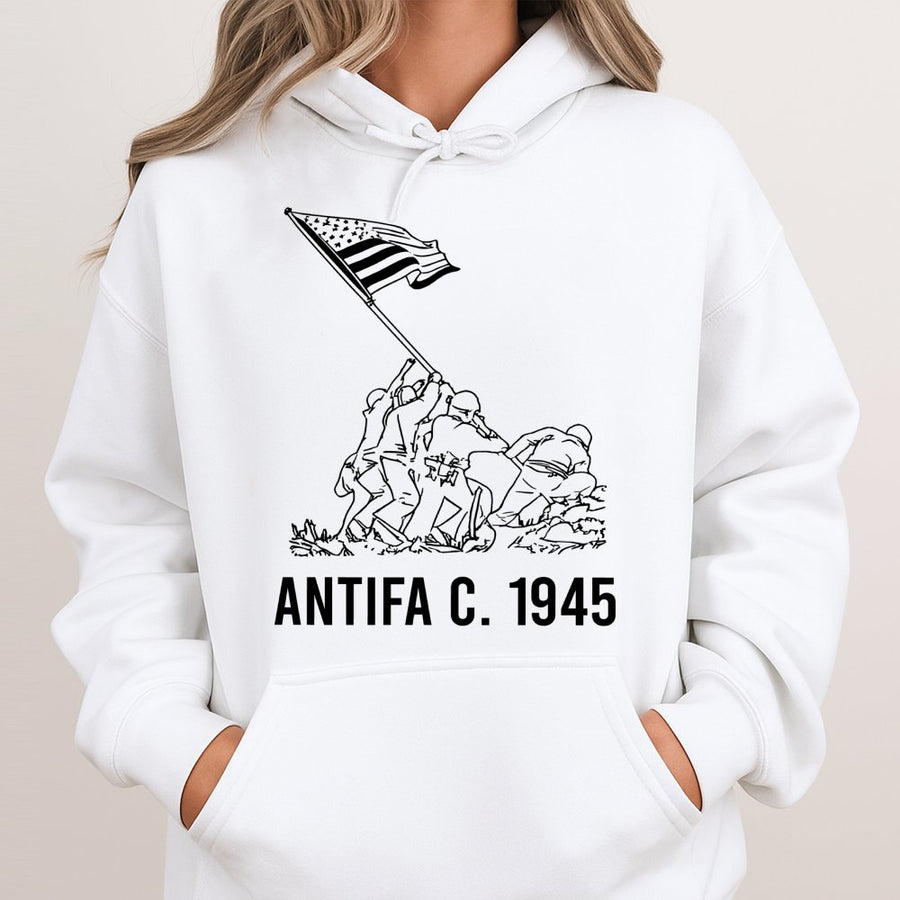 Antifa 1945 Historical Hoodie | Patriotic World War II Graphic | Premium Cotton Blend | Unisex Anti-Fascist Gift For History Buffs