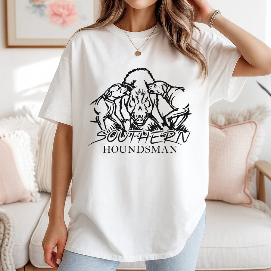 Southern Houndsman Hog Hunting T-Shirt | Catch Dog & Wild Boar Graphic | Premium 100% Cotton | Outdoor Apparel Gift for Hunters