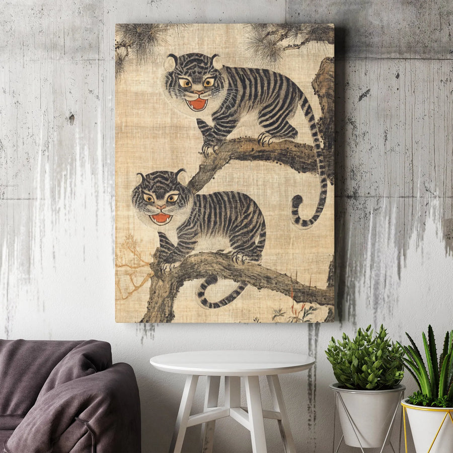 Vintage Korean Tiger Canvas Wall Art | Traditional Minhwa Folk Painting Print | Premium Gallery Canvas | Eclectic Home Decor Collector's Gift