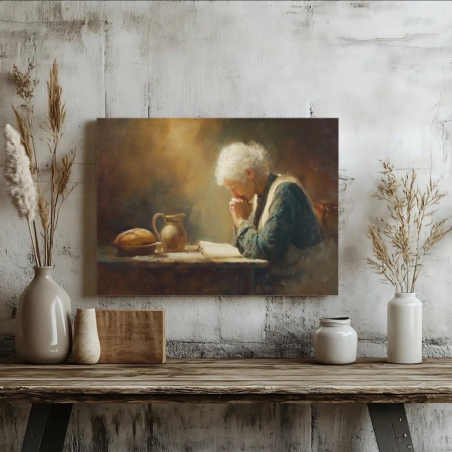 Christian Canvas Wall Art | Elderly Woman Praying 'Grace' Painting | Premium Fade-Resistant Print | Religious Kitchen & Dining Room Decor Gift