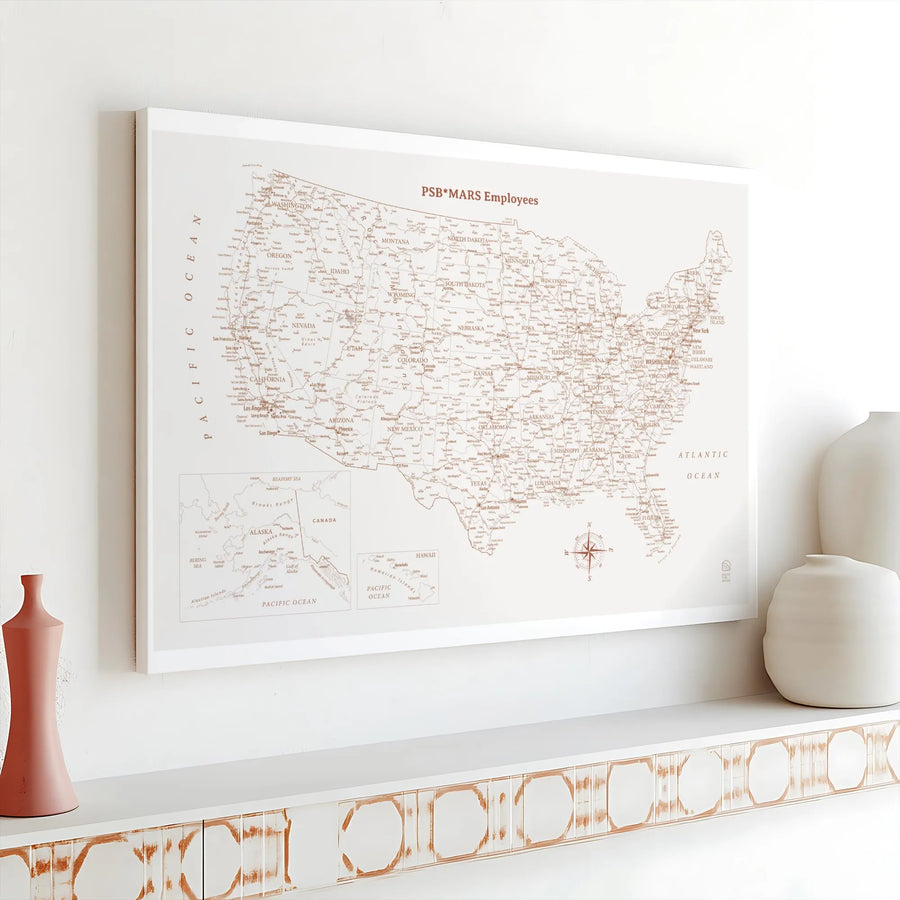 USA Map Wall Art Canvas | Vintage Style Travel Map Print | Gallery Wrap Premium Decor | Office Gift for Employees & Travelers