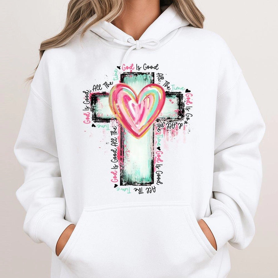 God Is Good All The Time Hoodie | Watercolor Cross Heart Design | Premium Cotton Blend | Christian Faith Gift For Women And Men